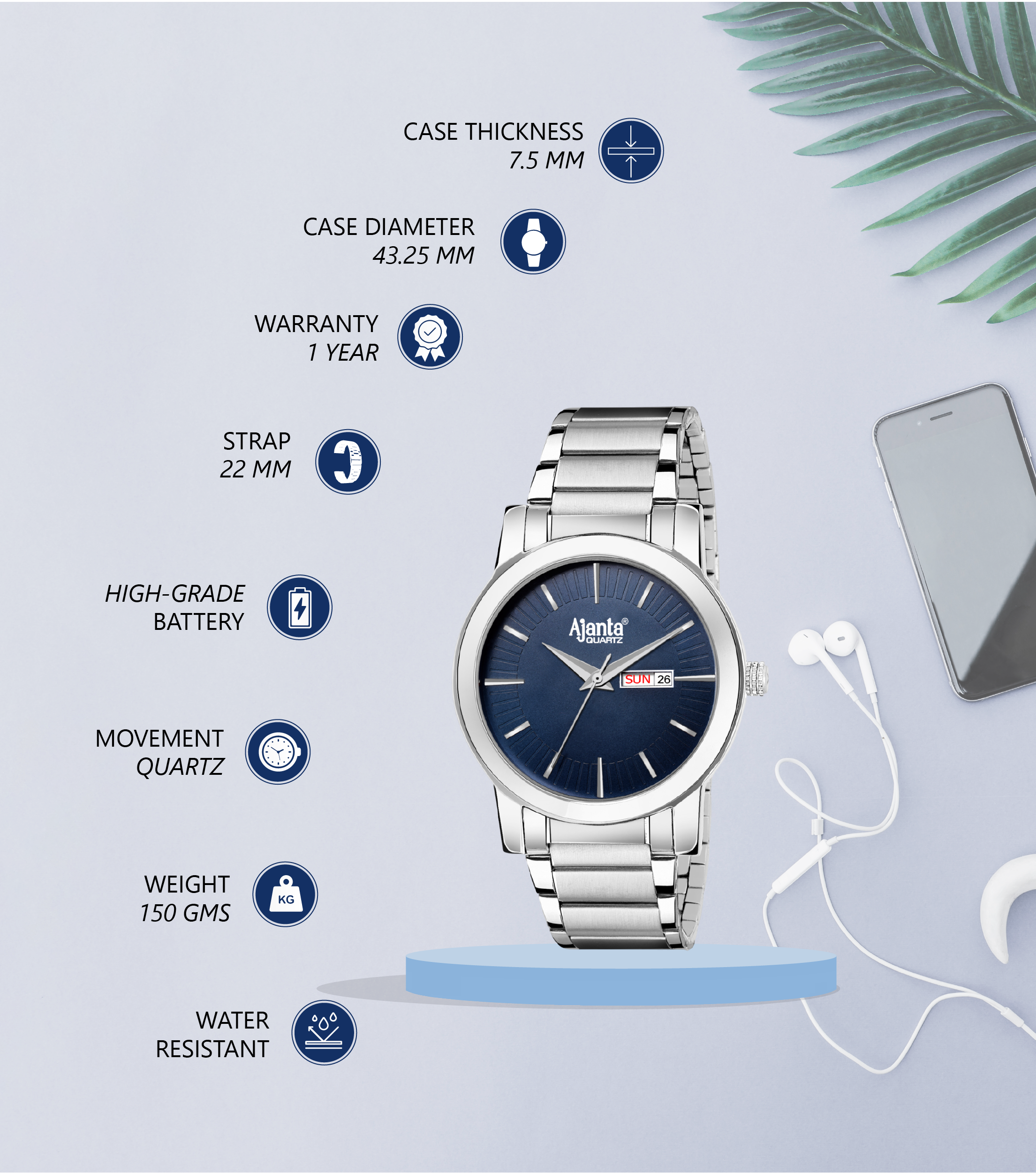 Ajanta Blue Dial Strap Watch | AWC502-5ISG/BS/SS - Image 3