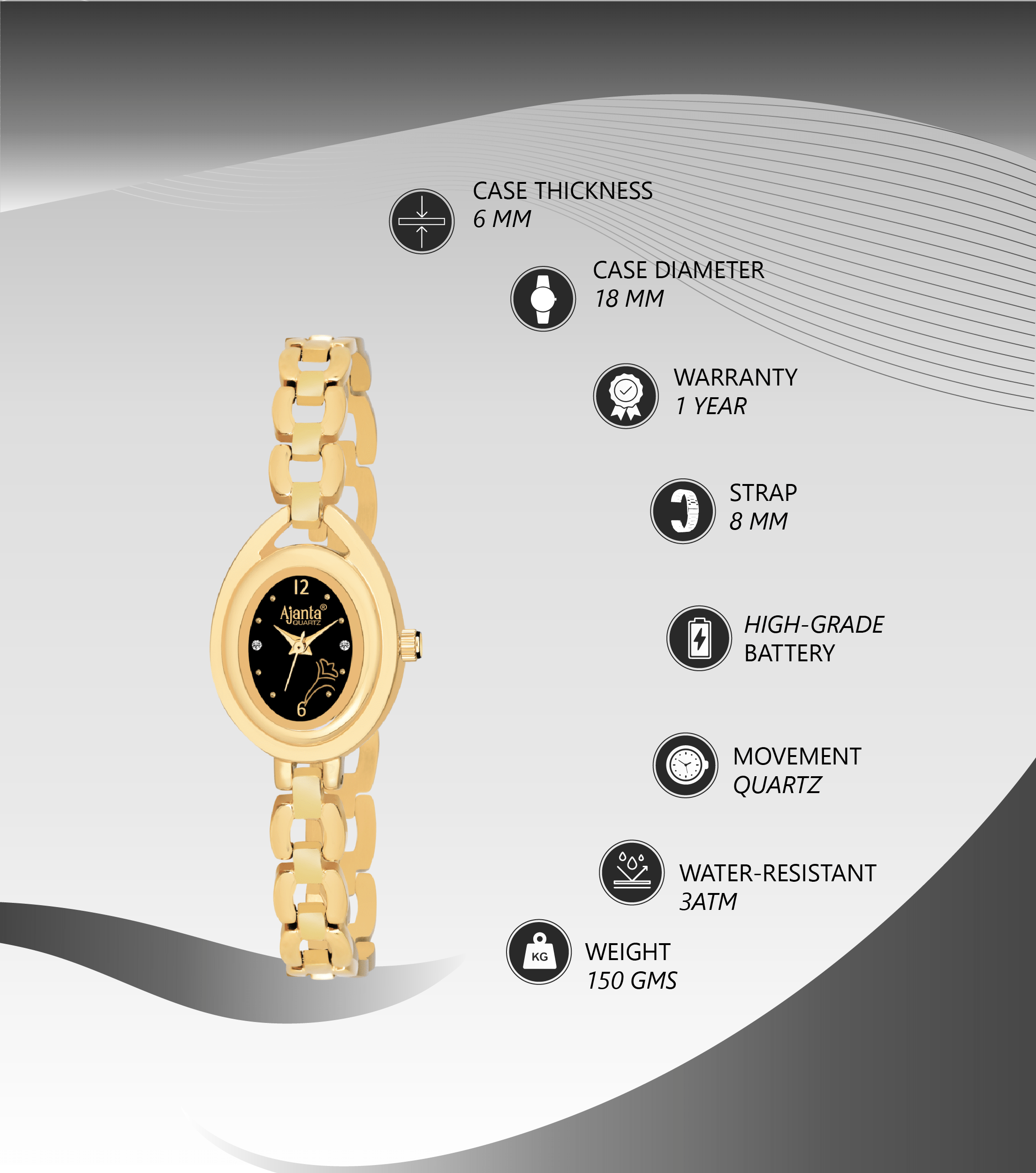 Ajanta Black Dial Strap Watch | AWC409-1 - Image 3