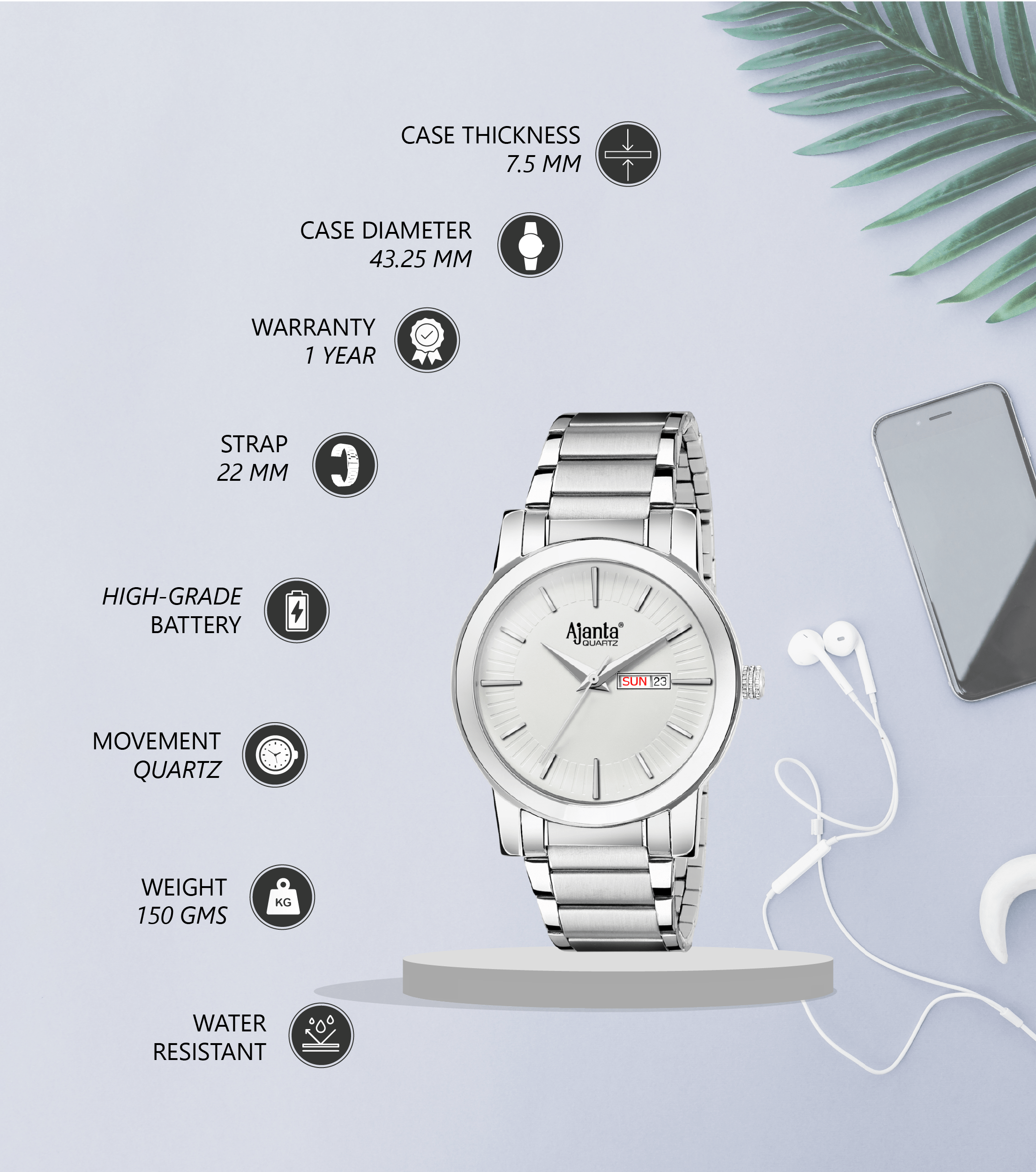 Ajanta White Dial Strap Watch | AWC502-6ISG/SS/SS - Image 2