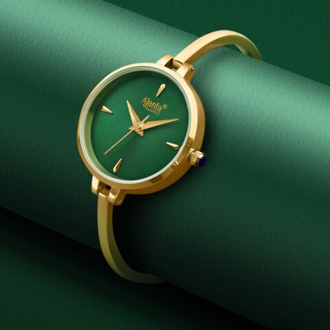 Ajanta Quartz Women's Elegant Golden Bangle Watch with Green Dial (AWC052PMSL/4)