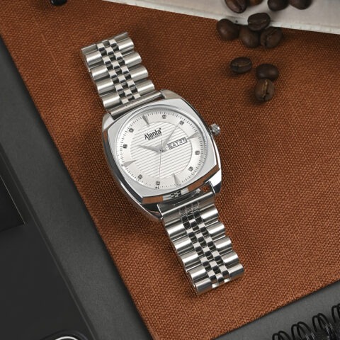 Ajanta Quartz White Analog Watch for Men – Stainless Steel Strap with Day & Date Display | AWC132ESG/1
