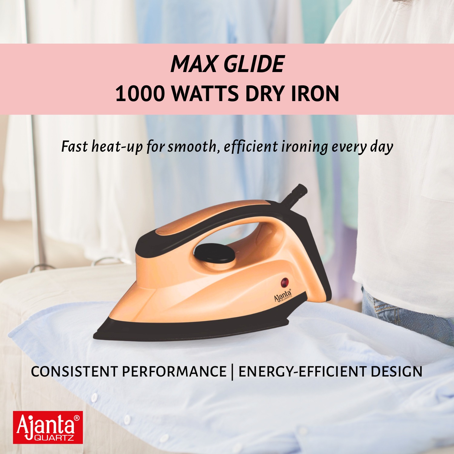 Ajanta MaxGlide Dry Iron with Adjustable Temperature & Comfortable Grip (1000 Watt) - Image 2