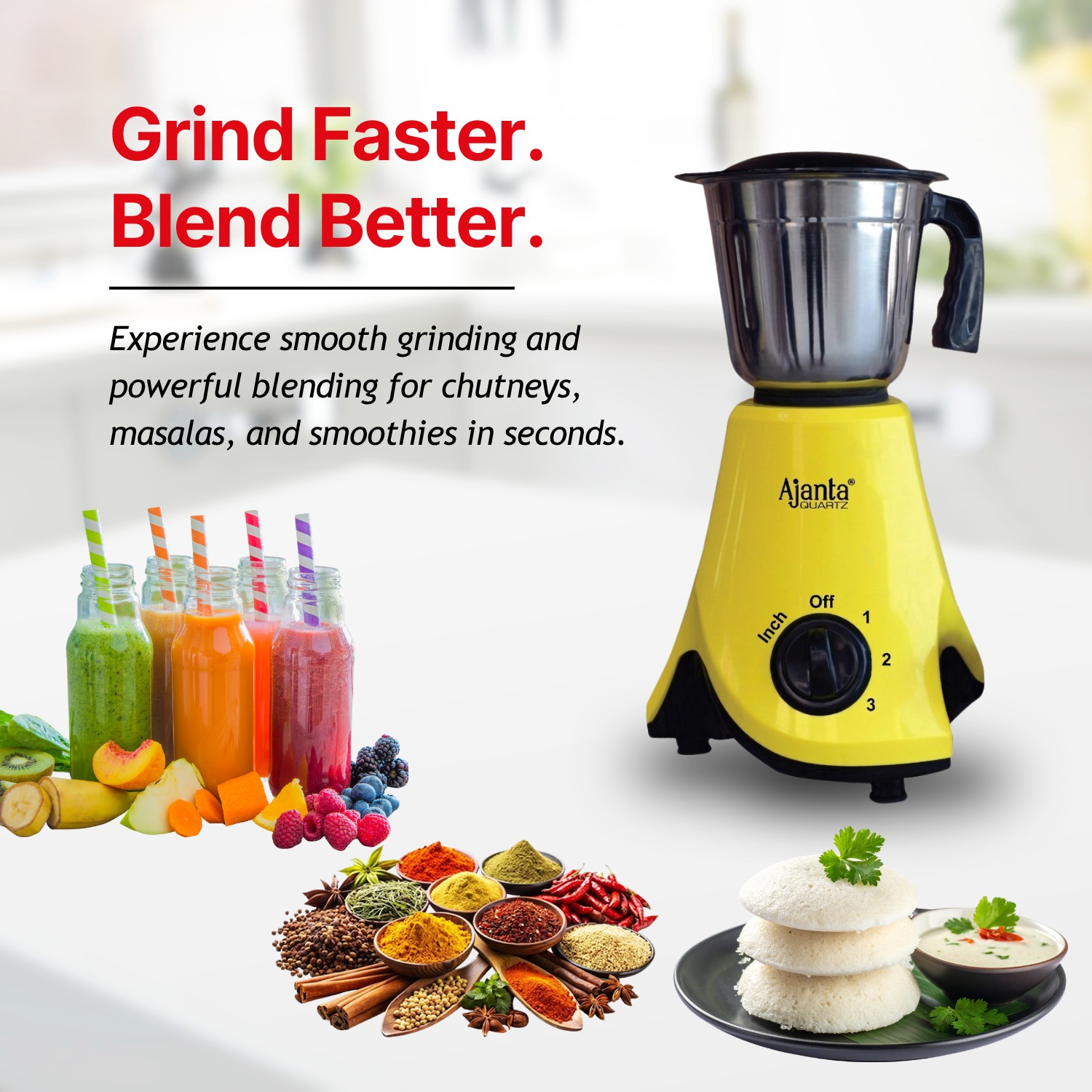 Ajanta Quartz Promixx Mixer Grinder with 3 Stainless Steel Jars, Powerful Motor & Multi-Speed Control for Everyday Kitchen Use 750W - Image 6