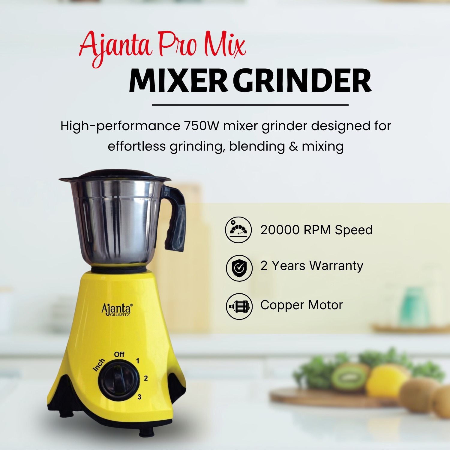 Ajanta Quartz Promixx Mixer Grinder with 3 Stainless Steel Jars, Powerful Motor & Multi-Speed Control for Everyday Kitchen Use 750W - Image 2