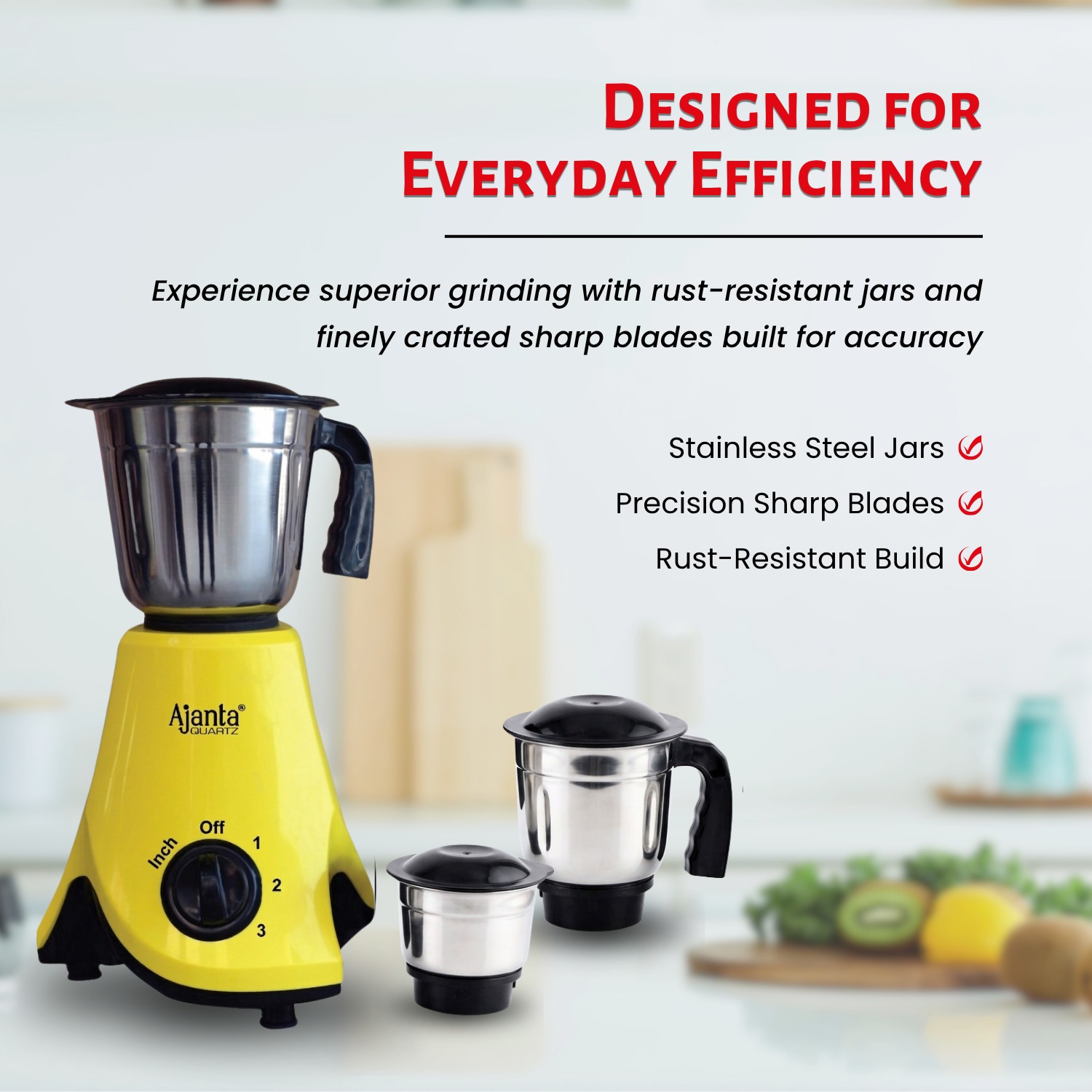 Ajanta Quartz Promixx Mixer Grinder with 3 Stainless Steel Jars, Powerful Motor & Multi-Speed Control for Everyday Kitchen Use 750W - Image 3