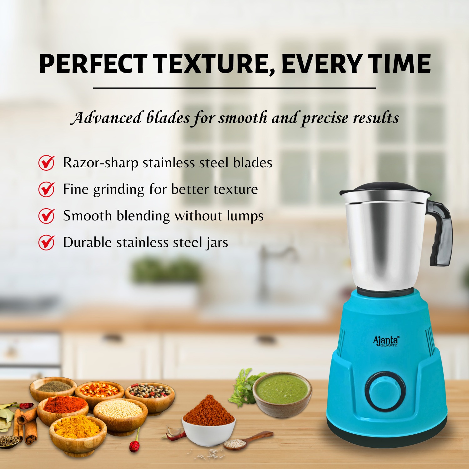 Ajanta Quartz Ecomixx Powerful Mixer Grinder with Stainless Steel Jar for Fast & Efficient Grinding 500W - Image 3