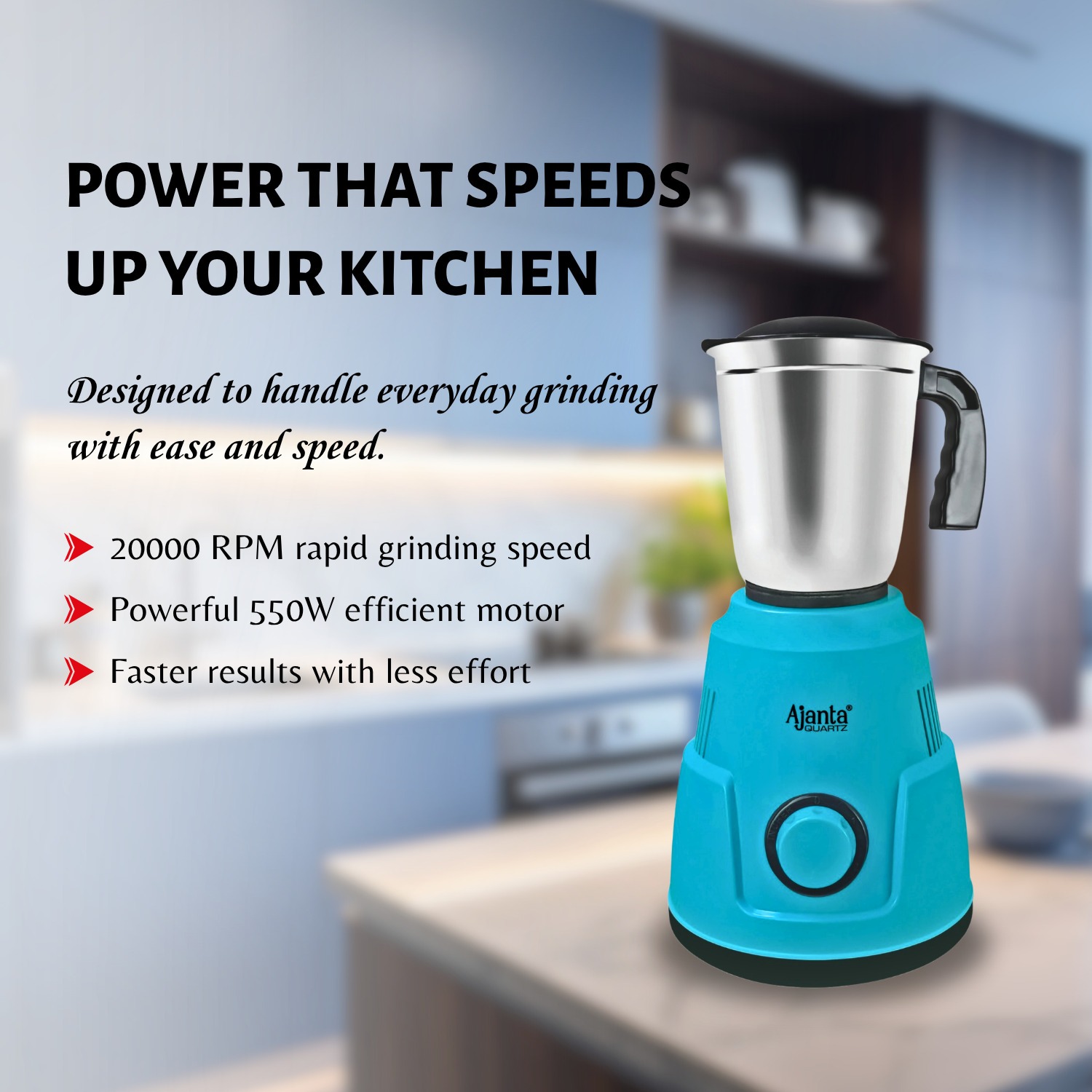 Ajanta Quartz Ecomixx Powerful Mixer Grinder with Stainless Steel Jar for Fast & Efficient Grinding 500W - Image 2