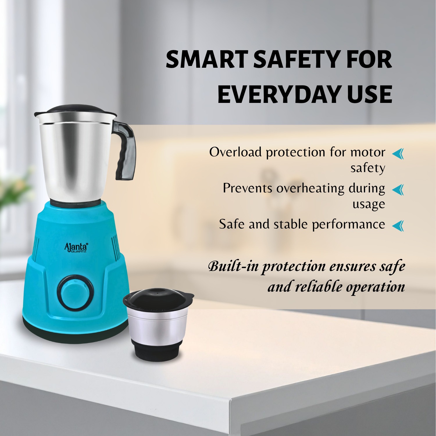 Ajanta Quartz Ecomixx Powerful Mixer Grinder with Stainless Steel Jar for Fast & Efficient Grinding 500W - Image 4